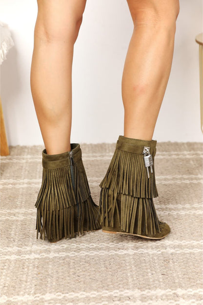 Legend Women's Tassel Wedge Heel Olive Ankle Booties us.meeeshop - 