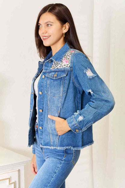 Leopard Floral Distressed Raw Hem Denim Jacket us.meeeshop - 