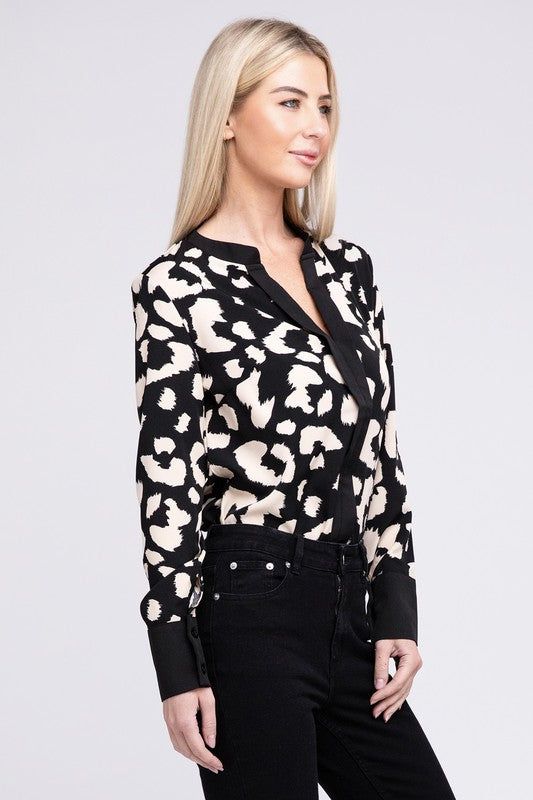 Leopard Notched Neck Blouse us.meeeshop - 