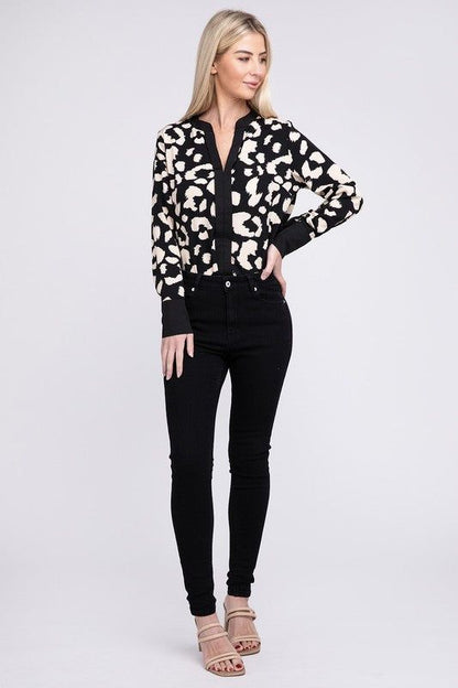 Leopard Notched Neck Blouse us.meeeshop - 