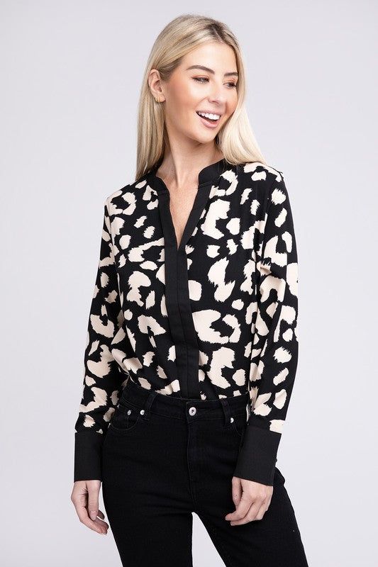 Leopard Notched Neck Blouse us.meeeshop - Shirts & Tops