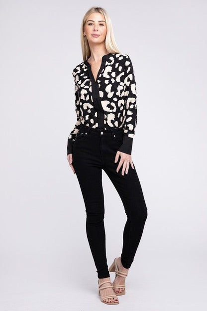 Leopard Notched Neck Blouse us.meeeshop - 