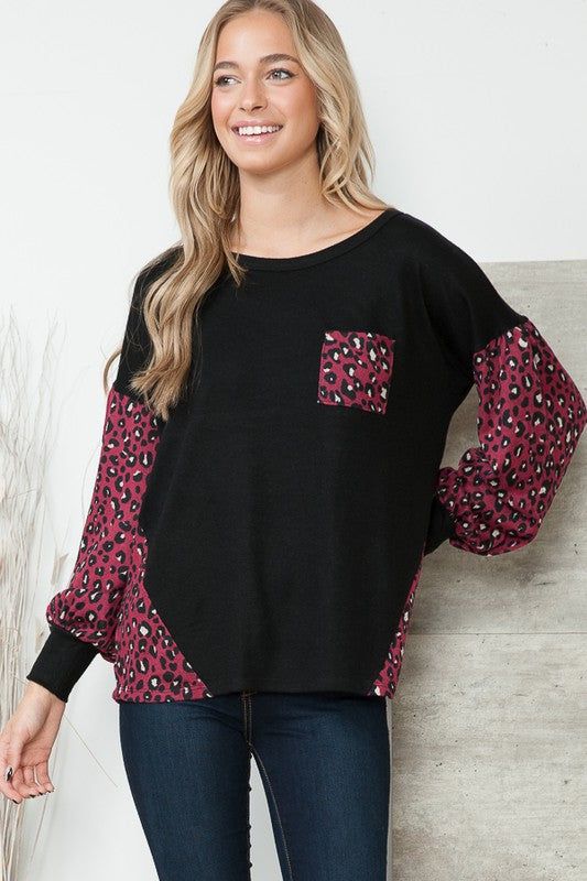 Leopard Print Contrasted Balloon Sleeve Sweater us.meeeshop - Shirts & Tops