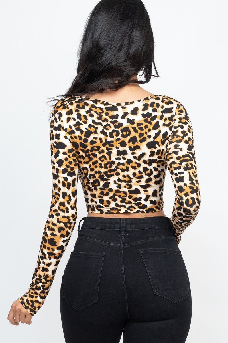 Leopard Print Strap Ruched Front Crop Top | us.meeeshop