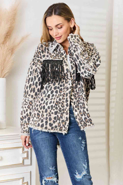 Leopard Fringe Detail Collared Neck Denim Jacket | us.meeeshop