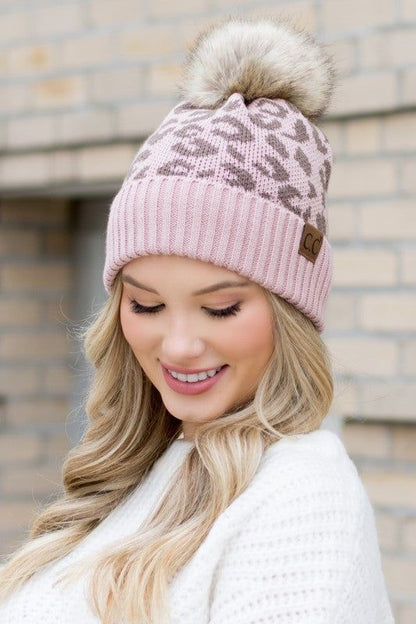 Women's Leopard Fur Pom Beanie - us.meeeshop