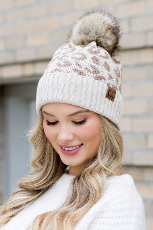 Women's Leopard Fur Pom Beanie - us.meeeshop