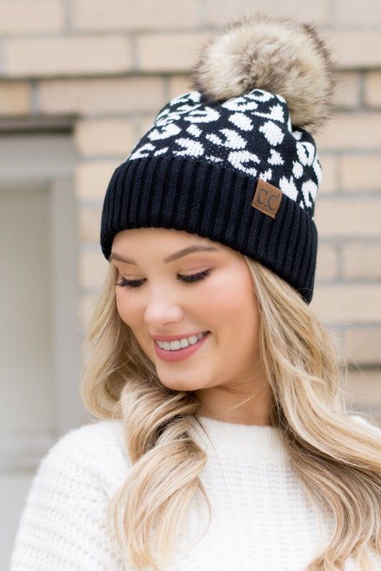 Women's Leopard Fur Pom Beanie - us.meeeshop