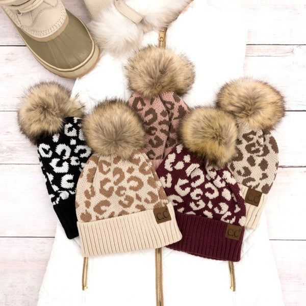 Women's Leopard Fur Pom Beanie - us.meeeshop