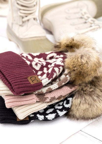 Women's Leopard Fur Pom Beanie - us.meeeshop