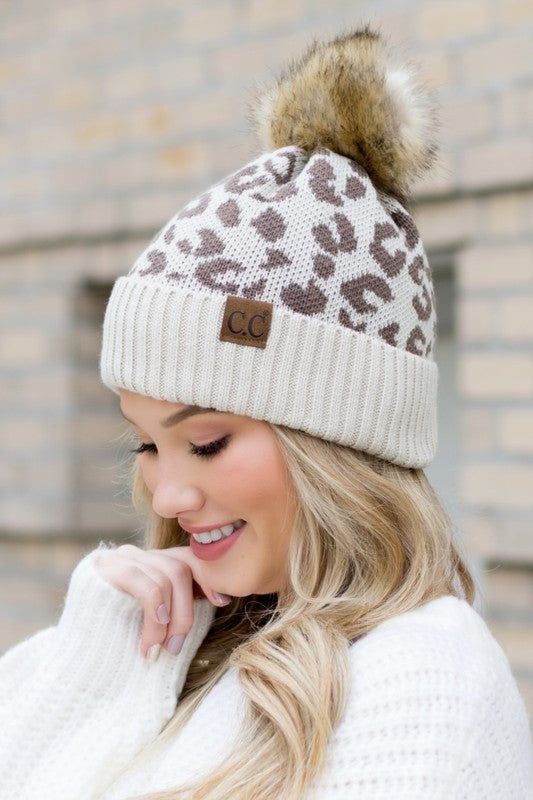 Leopard Fur Pom Beanie - us.meeeshop