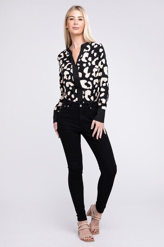 Women's Leopard Notched Neck Blouse - us.meeeshop