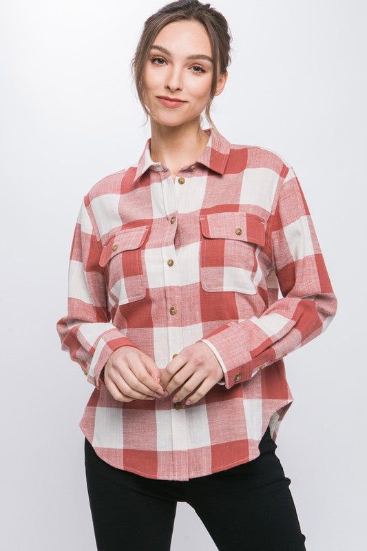 Lightweight Plaid Button Down Top us.meeeshop - Shirts & Tops