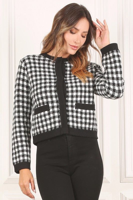 Lilou Black check knitted jacket us.meeeshop - Coats & Jackets