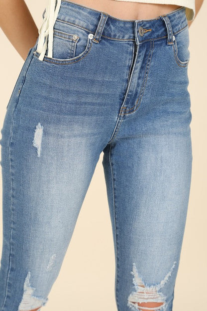 Lilou | Dark wash distressed skinny jeans | us.meeeshop
