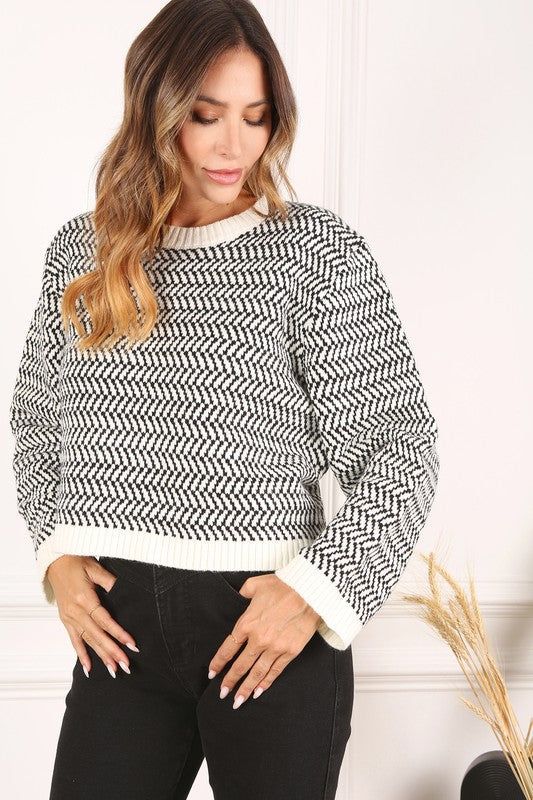 Lilou | Herringbone pattern crew neck sweater us.meeeshop - Shirts & Tops