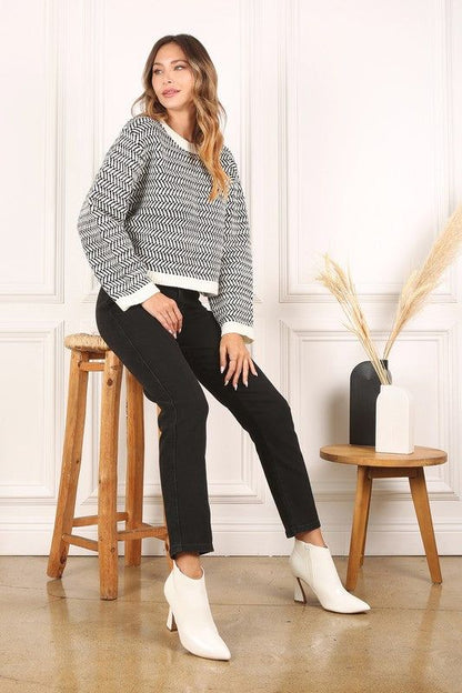 Lilou | Herringbone pattern crew neck sweater us.meeeshop - 