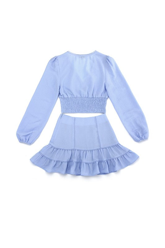 Lilou | Lace trimmed smocking blouse and skirt set | us.meeeshop