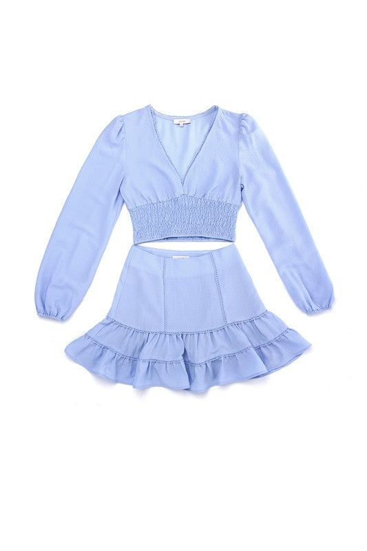 Lilou | Lace trimmed smocking blouse and skirt set us.meeeshop - 