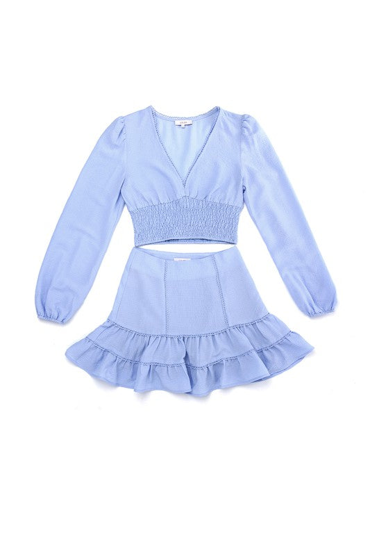 Lilou | Lace trimmed smocking blouse and skirt set | us.meeeshop