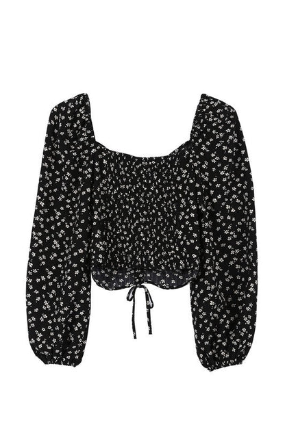 Lilou | Ruched floral print crop top with puff sleeves | us.meeeshop