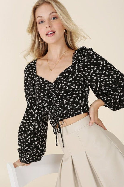 Lilou | Ruched floral print crop top with puff sleeves us.meeeshop - 