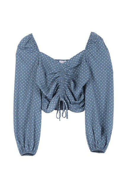 Lilou | Ruched polka dot crop top with puff sleeves us.meeeshop - 