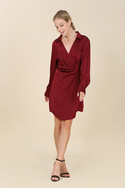 Lilou | Satin collared wrap mini dress us.meeeshop - 