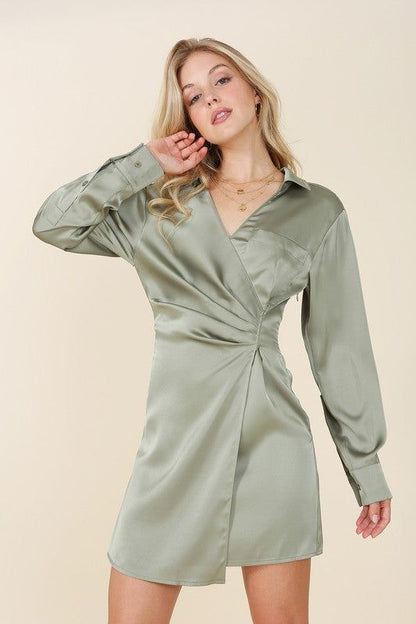 Lilou | Satin collared wrap mini dress us.meeeshop - 