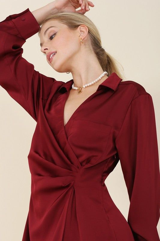 Lilou | Satin collared wrap mini dress us.meeeshop - 