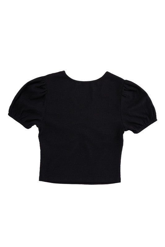 Lilou Shirred V neck top with puff sleeves us.meeeshop - 