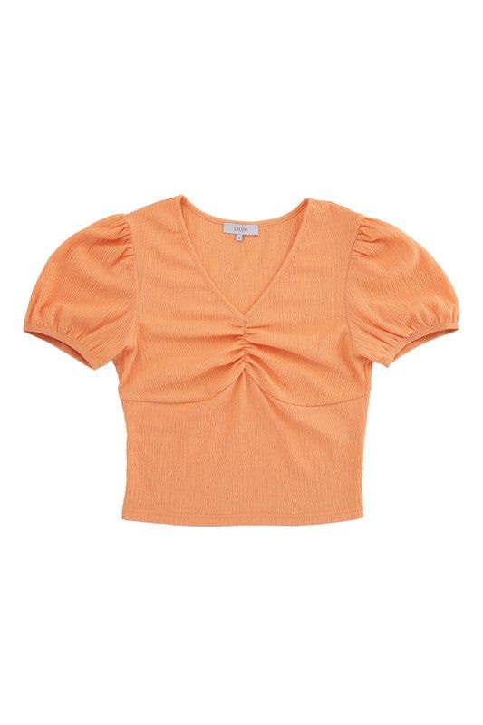 Lilou Shirred V neck top with puff sleeves us.meeeshop - 