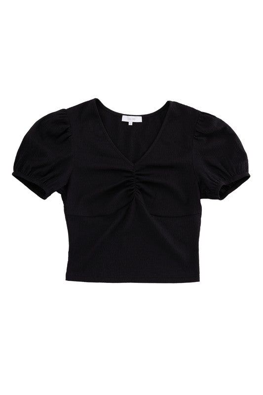 Lilou Shirred V neck top with puff sleeves us.meeeshop - 