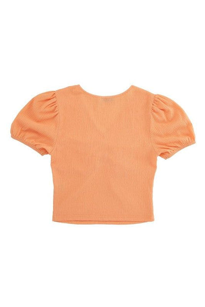 Lilou Shirred V neck top with puff sleeves us.meeeshop - 