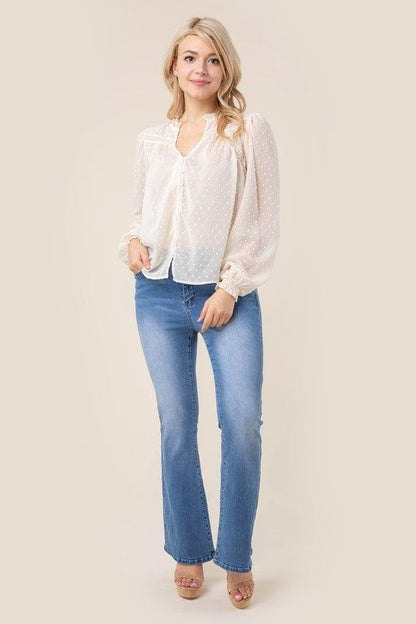 Lilou Swiss dot chiffon blouse with ruffled neck us.meeeshop - Shirts & Tops