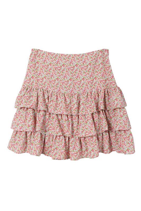 Lilou | Tierd floral skirt in Pink | us.meeeshop