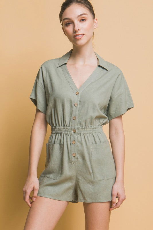 Women's Love Tree Linen Button Down Romper - us.meeeshop