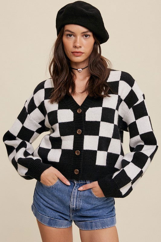 Listicle Bold Gingham Sweater Weaved Crop Cardigan us.meeeshop - Shirts & Tops