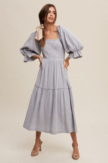 Listicle Ditzy Floral Embroidery Puff Sleeve Maxi Dress us.meeeshop - 