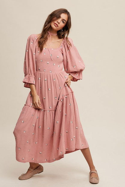 Listicle Ditzy Floral Embroidery Puff Sleeve Maxi Dress us.meeeshop - 