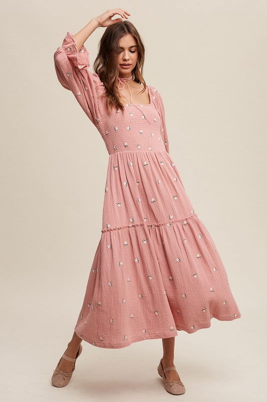 Listicle Ditzy Floral Embroidery Puff Sleeve Maxi Dress us.meeeshop - 