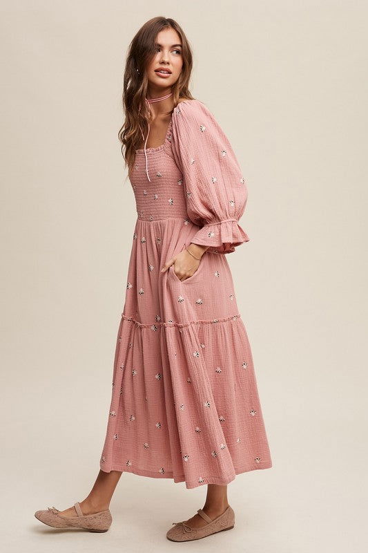 Listicle Ditzy Floral Embroidery Puff Sleeve Maxi Dress us.meeeshop - 