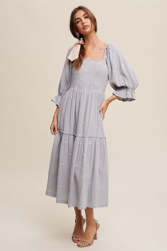 Listicle Ditzy Floral Embroidery Puff Sleeve Maxi Dress us.meeeshop - 