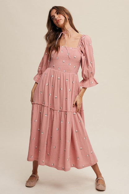 Listicle Ditzy Floral Embroidery Puff Sleeve Maxi Dress us.meeeshop - Dresses