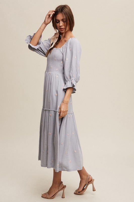 Listicle Ditzy Floral Embroidery Puff Sleeve Maxi Dress us.meeeshop - 