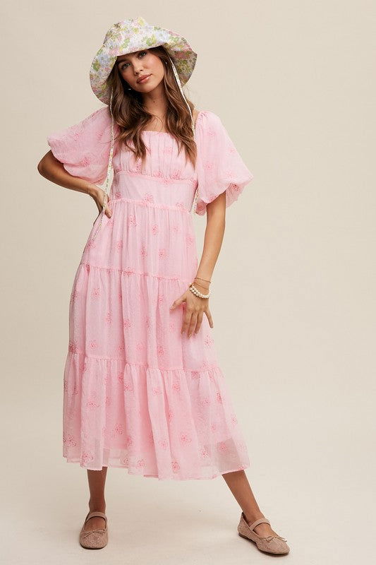 Listicle Flower Embroidered Puff Sleeve Tiered Maxi Dress us.meeeshop - 