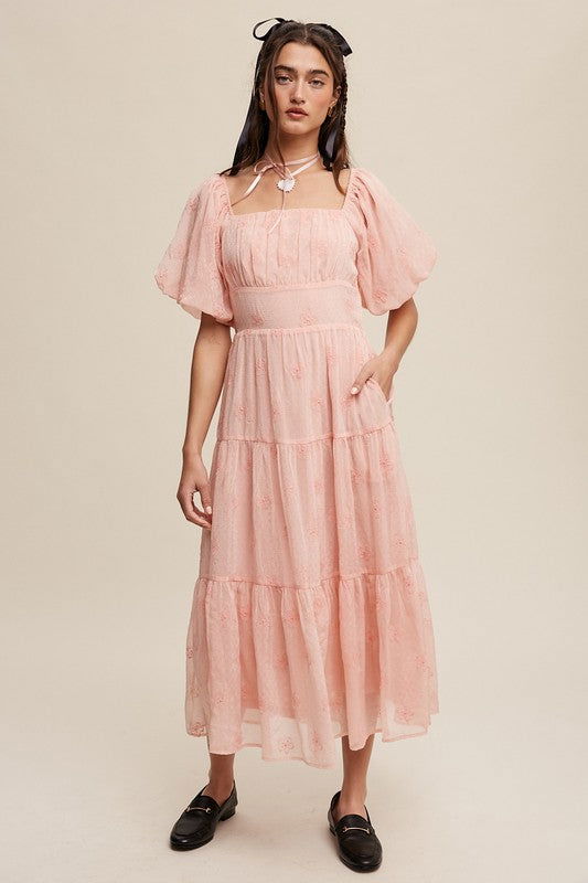 Listicle Flower Embroidered Puff Sleeve Tiered Maxi Dress us.meeeshop - 