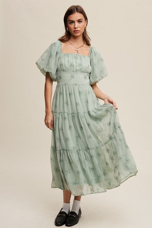 Listicle Flower Embroidered Puff Sleeve Tiered Maxi Dress us.meeeshop - Dresses