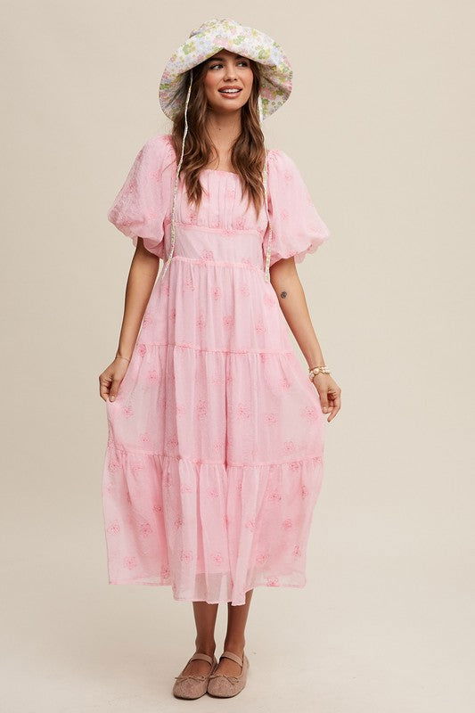 Listicle Flower Embroidered Puff Sleeve Tiered Maxi Dress us.meeeshop - 