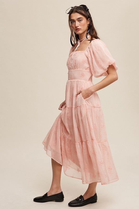 Listicle Flower Embroidered Puff Sleeve Tiered Maxi Dress us.meeeshop - 